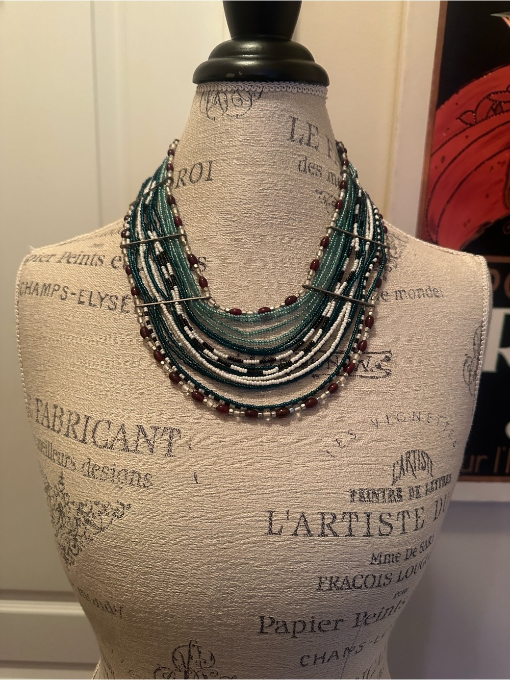 Multi-Strand Teal and Burgundy Beaded Necklace - Women Jewelry